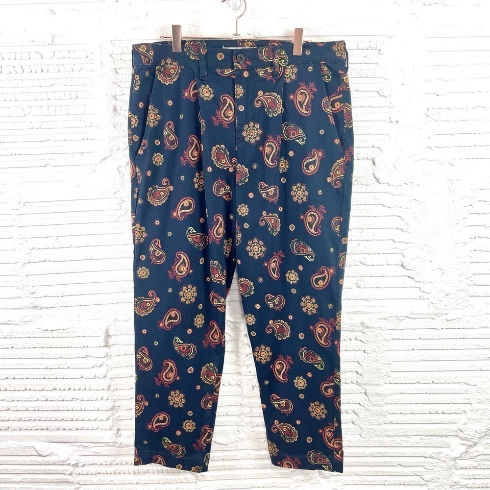 PACSUN Slim Chino Navy Blue W/Orange Paisley Cropped Tapered Size 31